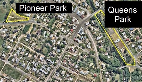 Map of Clunes showing Queens and Pioneer Parks