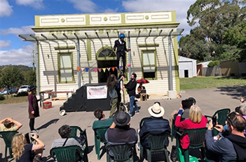 Curbside Carnies performing in front of Glenlyon Town Hall