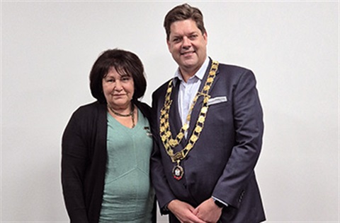 Cr Shirley Cornish Deputy Mayor and Cr Tony Clark Mayor with Timmy the service dog