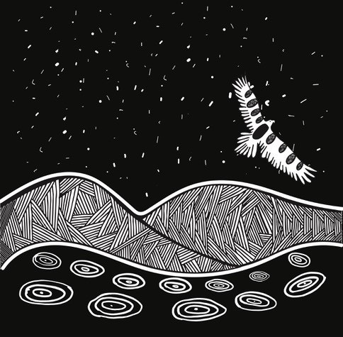 Graphic of eagle flying over hills