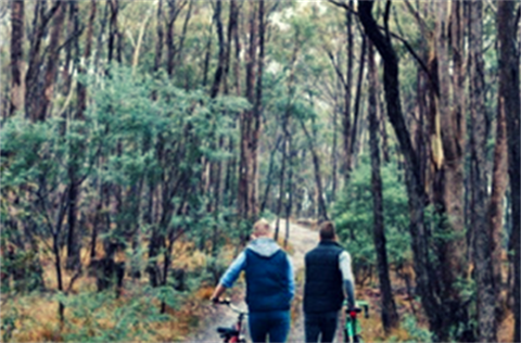 Two people walking in bush domino trail