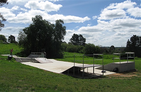 Child riding a scooter at the Clunes skate park